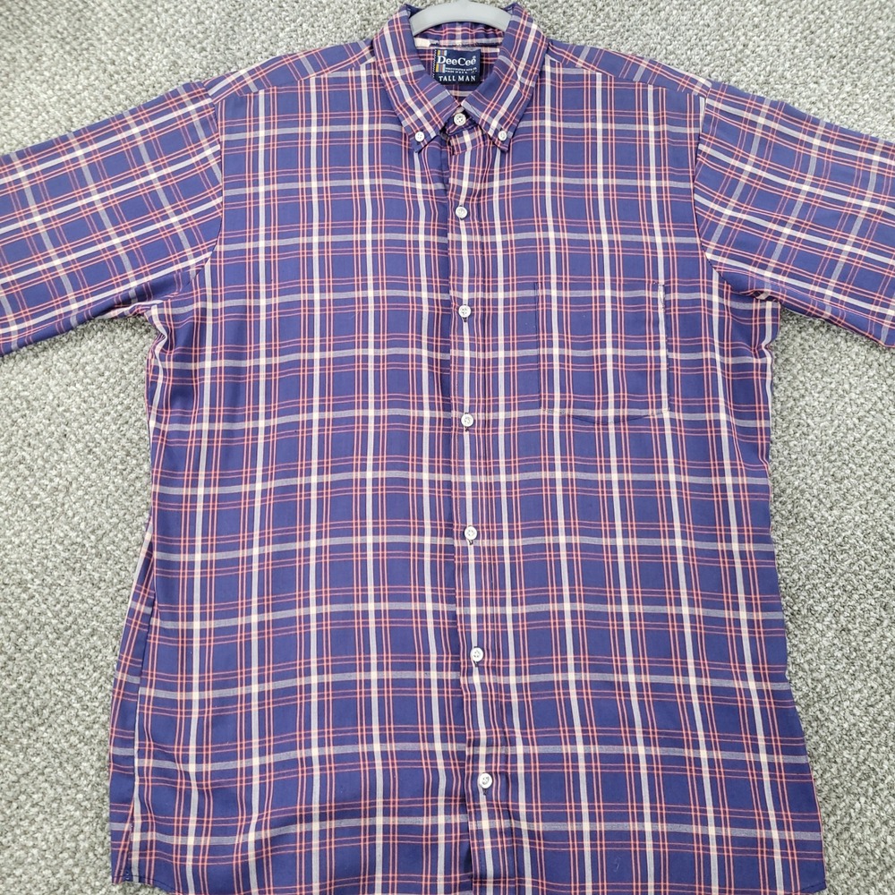 Vintage Dee Cee Tall Man Plaid Button Down Shirt Mens Large Blue Red Made in USA